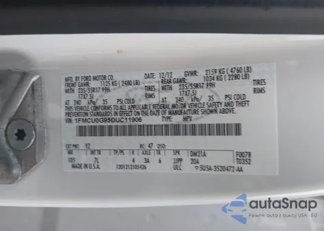 2013 Ford Escape Se z USA, uszkodzony, nr VIN 1FMCU0G95DUC11906